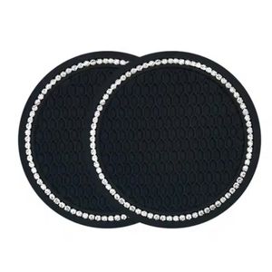 Silicone Car Cup Holder Liner Rhinestone Black 2 Pc set  2.79"